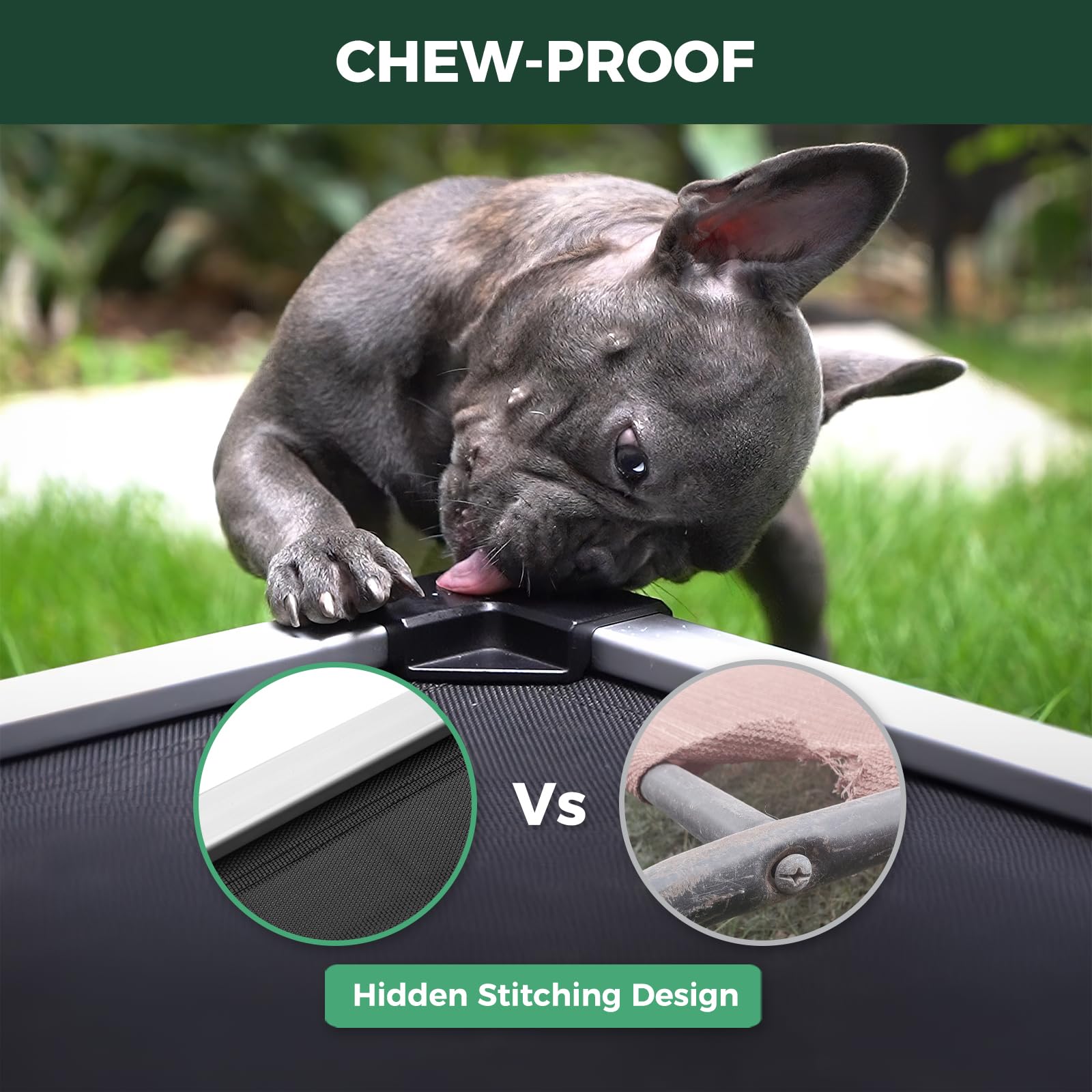 FXW TitanNest aluminum-frame-edges close-up highlighting sturdy, dog-safe construction.