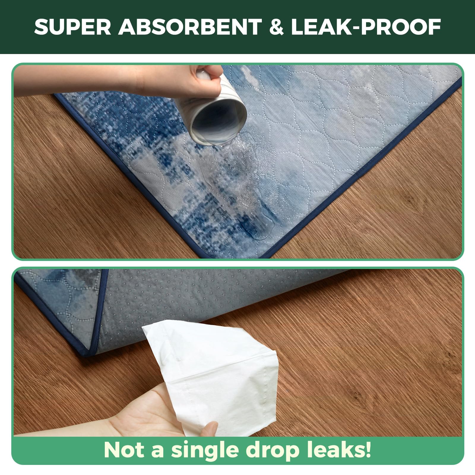 FXW waterproof shield layer dog pad demonstrates leak protection on floors.