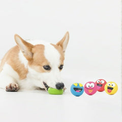 FYNORI emoticon latex dog toy squeak close-up demonstrates the audible cue during squeezes
