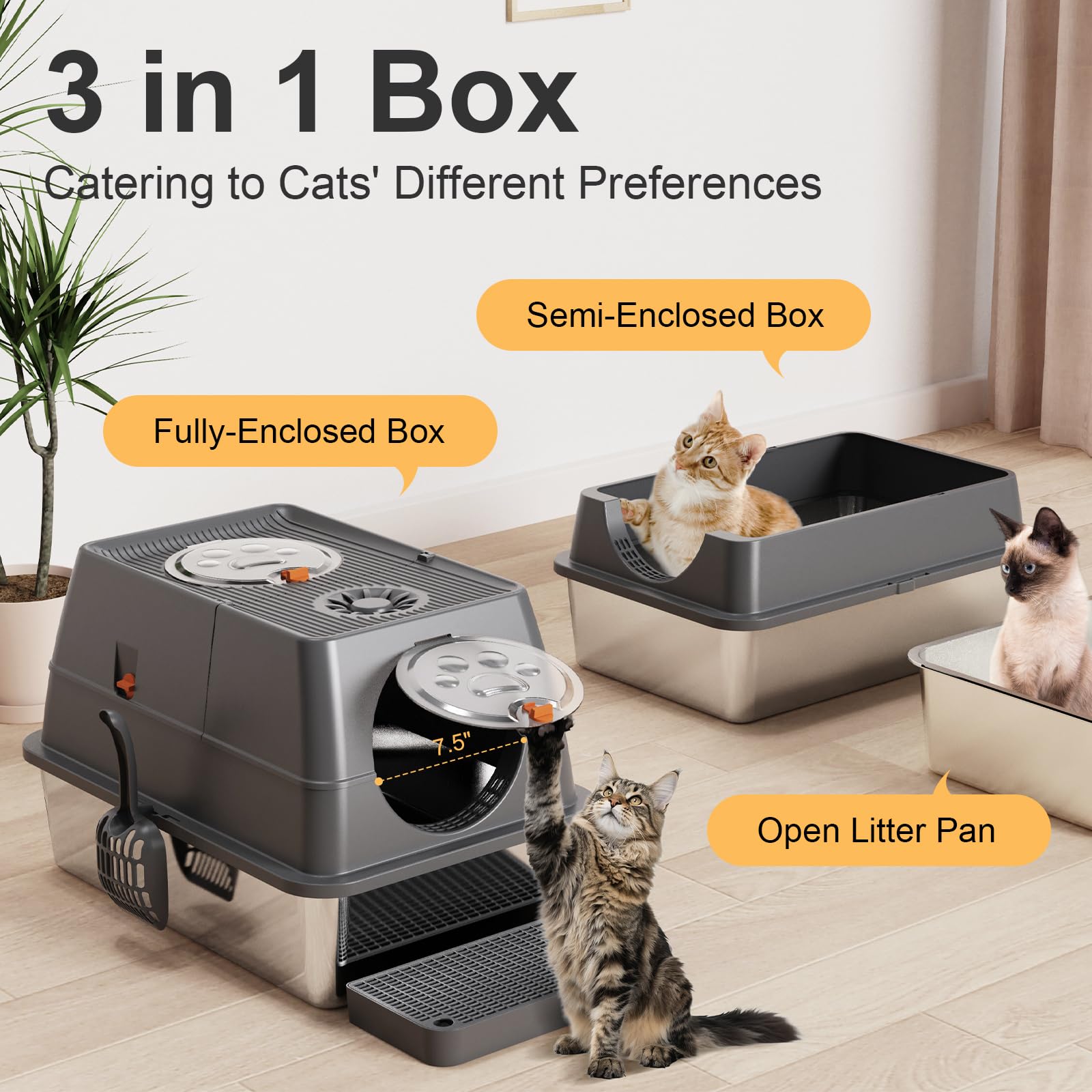 FZGhome stainless steel litter box with 3-layer shell demonstrates versatile configurations