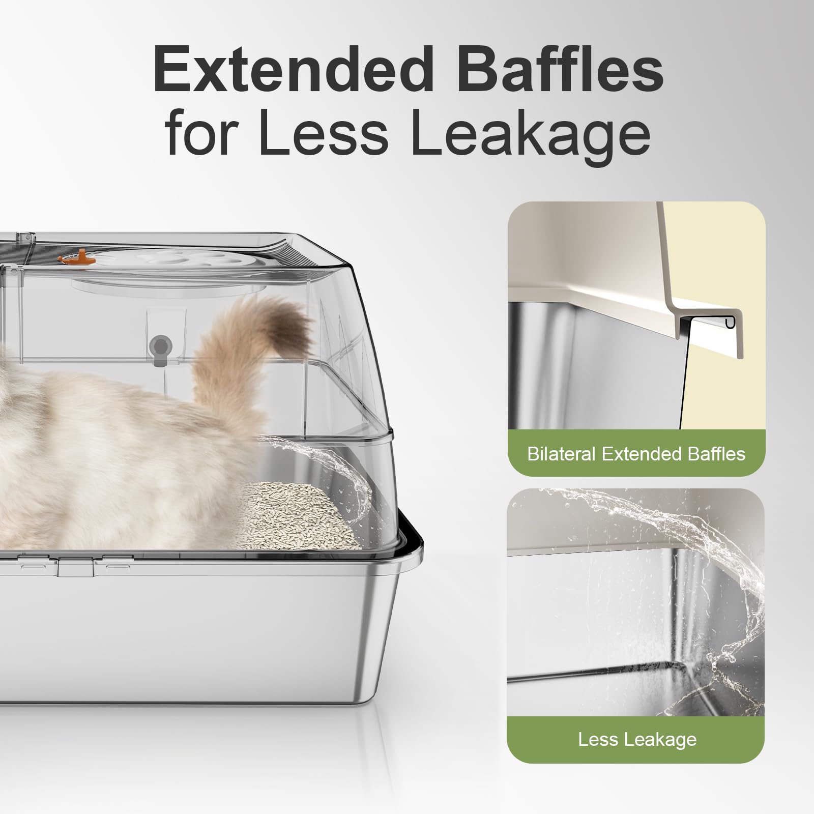 FZGhome stainless steel litter box high sides emphasize spill prevention during kicks.
