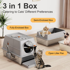 FZGhome stainless steel litter box in enclosed mode signals privacy and mess containment.