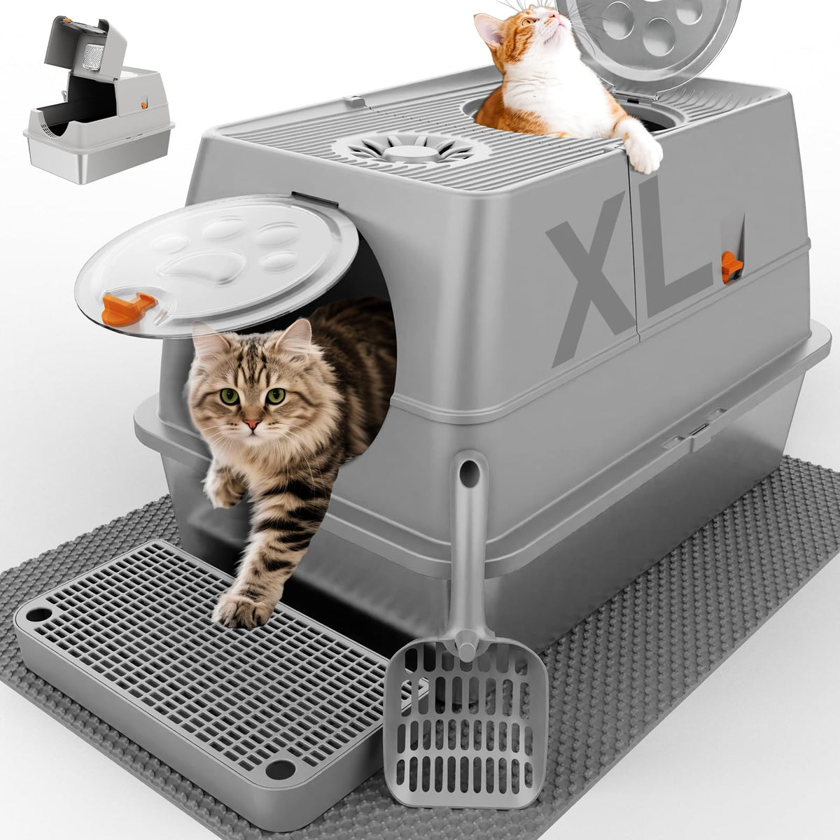 FZGhome XL stainless steel litter box with lid, front view—top-entry privacy.