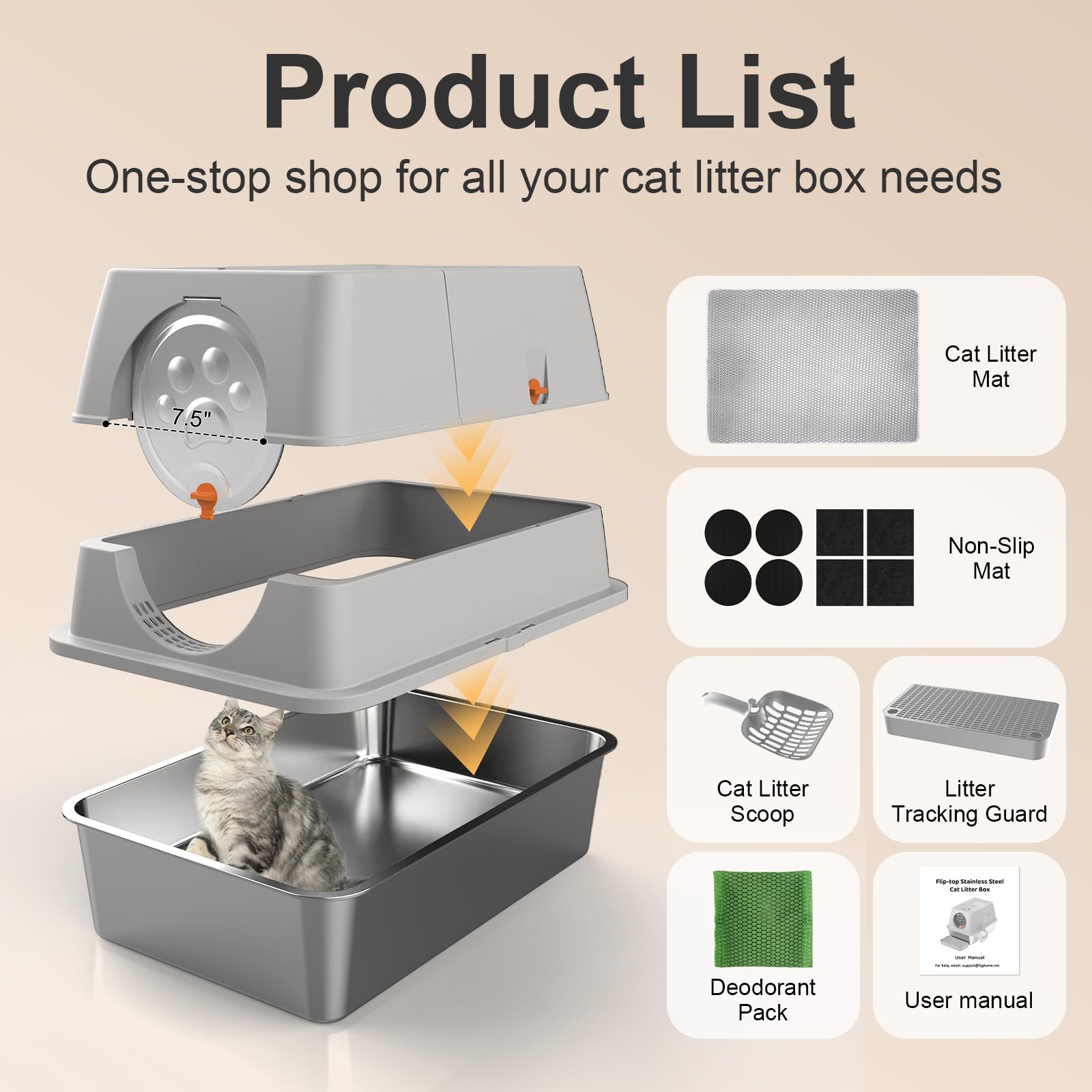 FZGhome stainless steel litter box with mat highlights reduced litter scatter.
