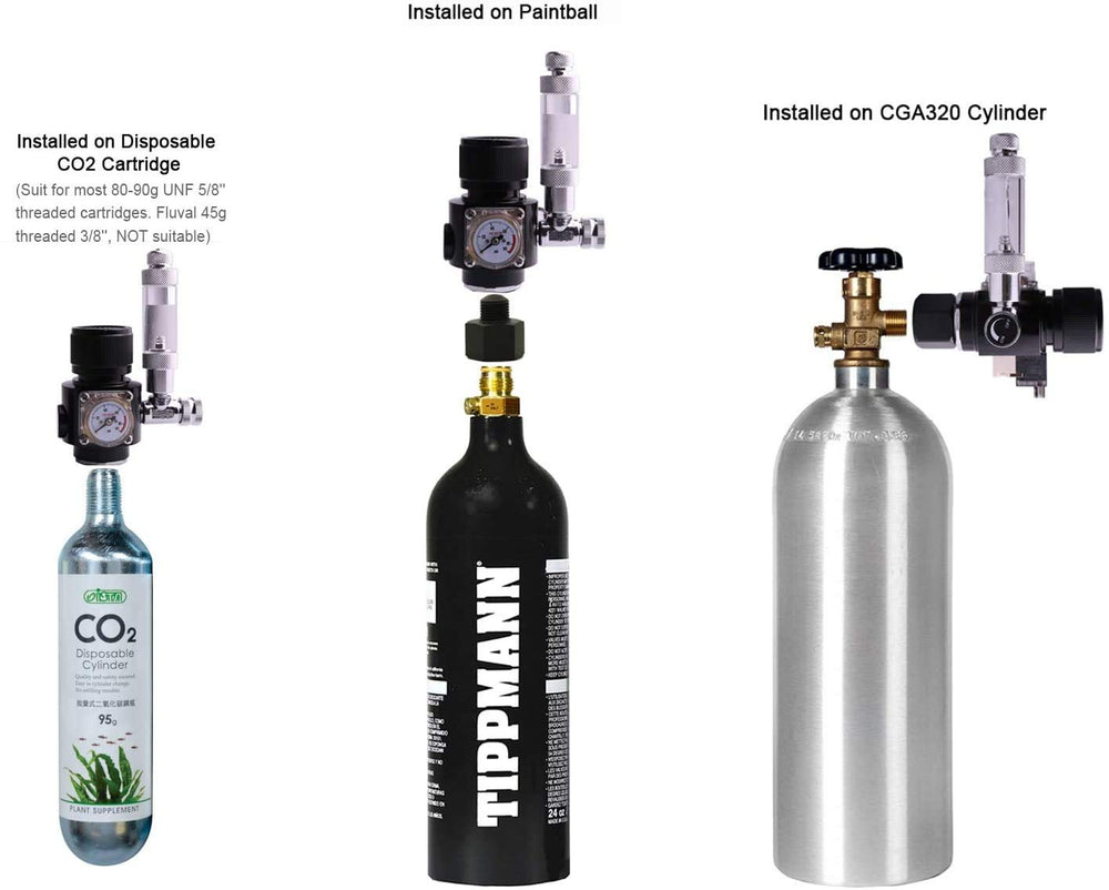 FZONE regulator compatible with CGA320 tanks, versatile for paintball CO2 sources.