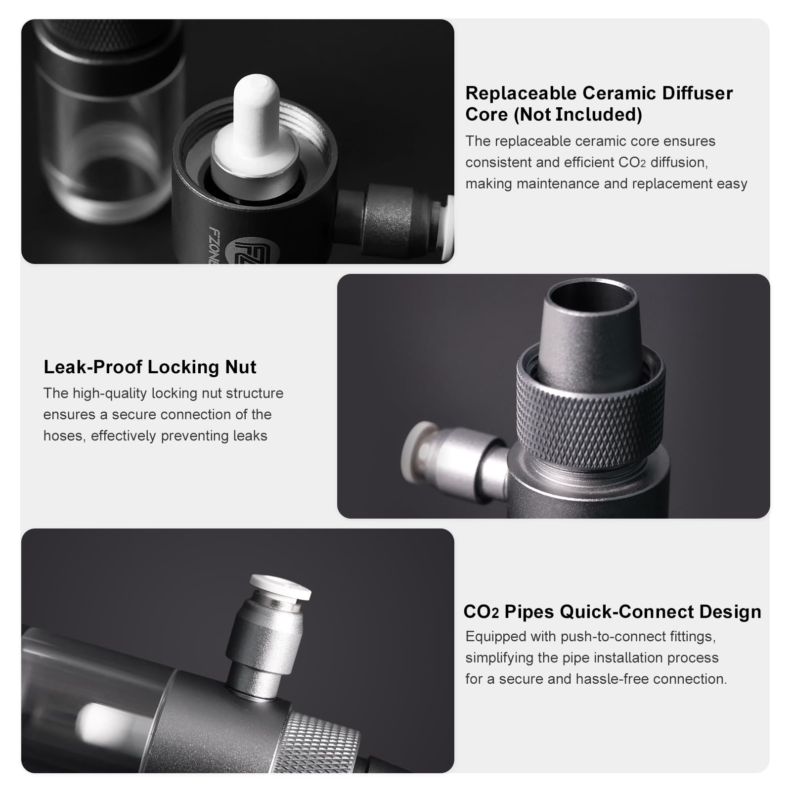 FZONE inline diffuser attached to 5/8 inch tubing for medium tank compatibility