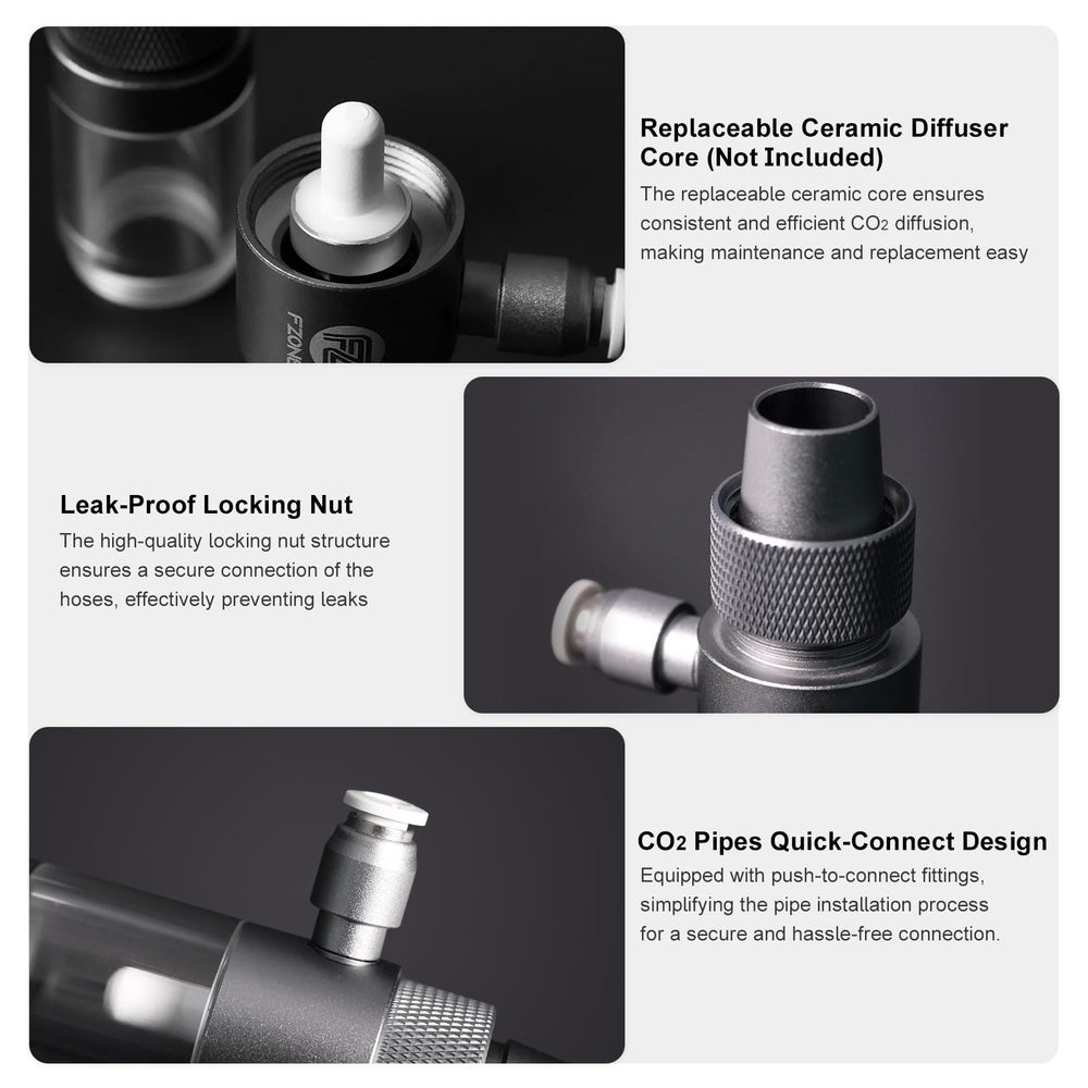 FZONE inline diffuser attached to 5/8 inch tubing for medium tank compatibility