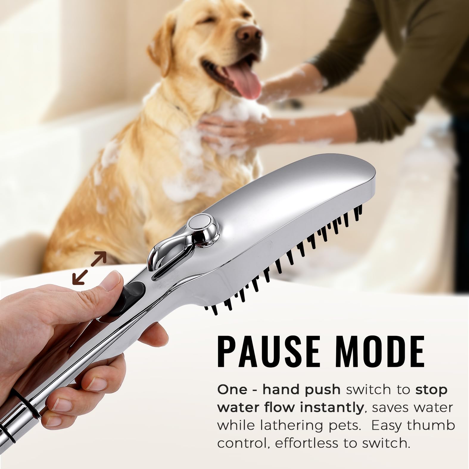 G-Promise built-in brush on dog shower attachment gently cleans while rinsing
