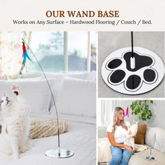 GADGETSOLOGY Feisty Feline Floor Base supports hands-free play on multiple surfaces.
