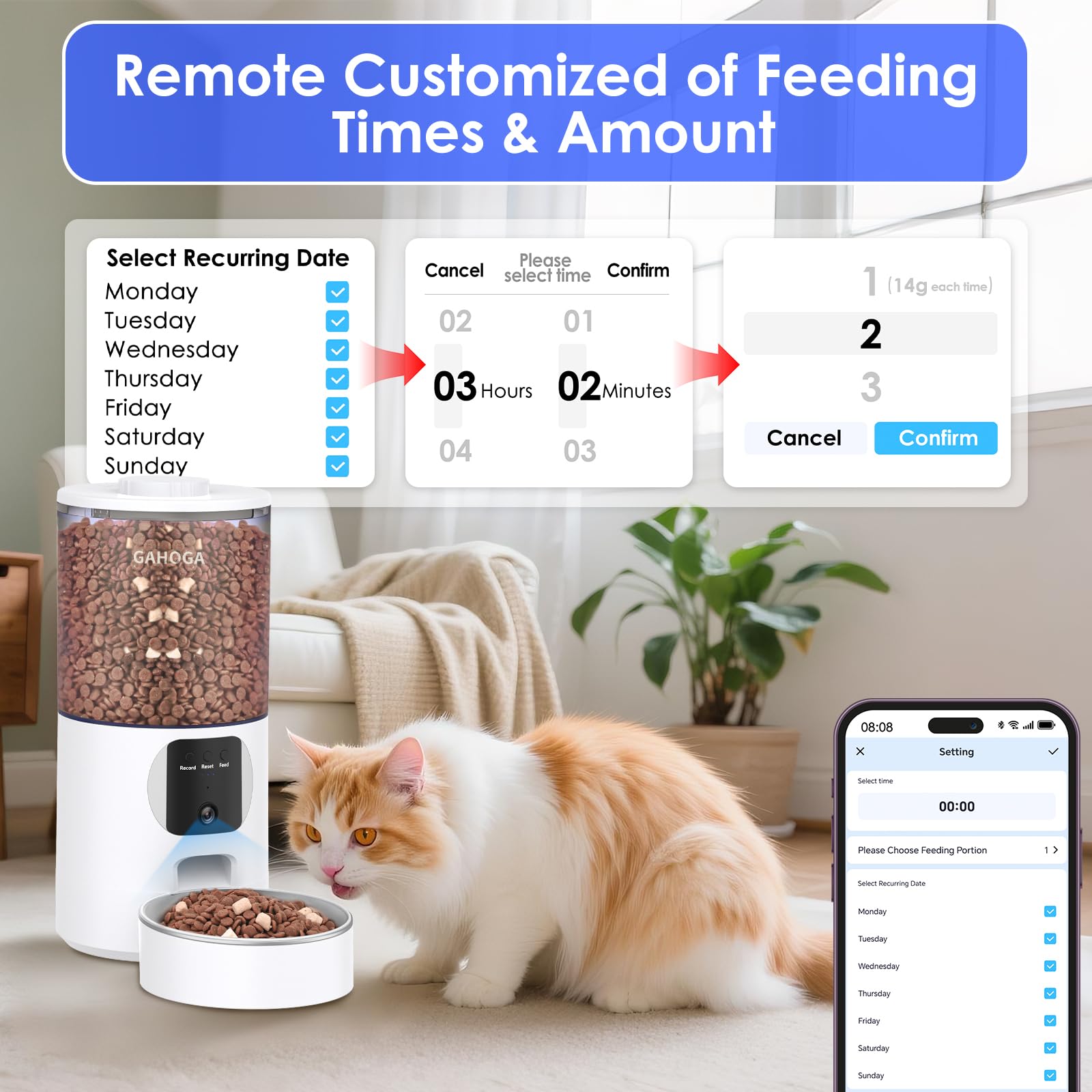 GAHOGA smart app with dual-band WiFi for feeding control from anywhere.