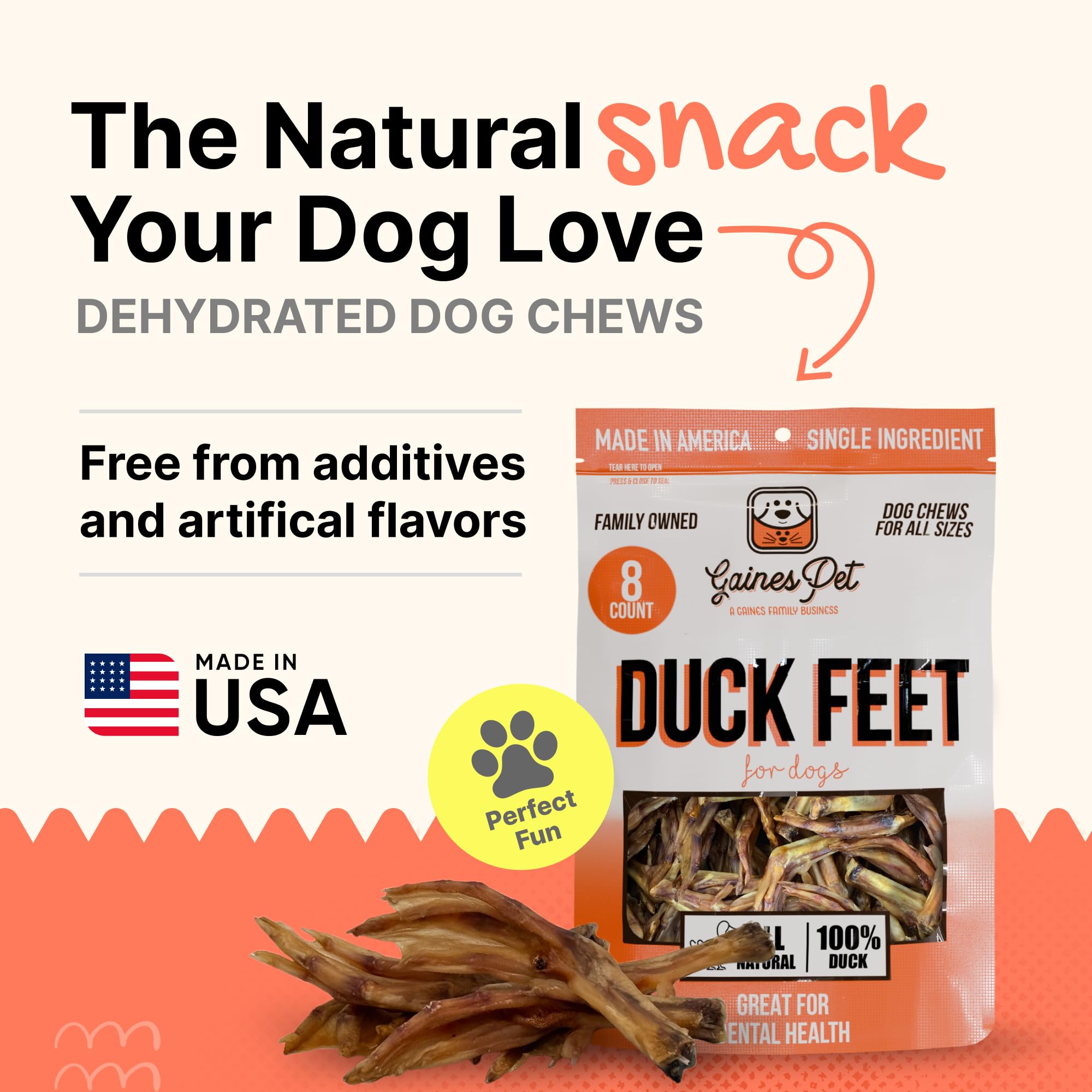 Gaines duck feet single-ingredient—simple, grain-free snack for dogs.