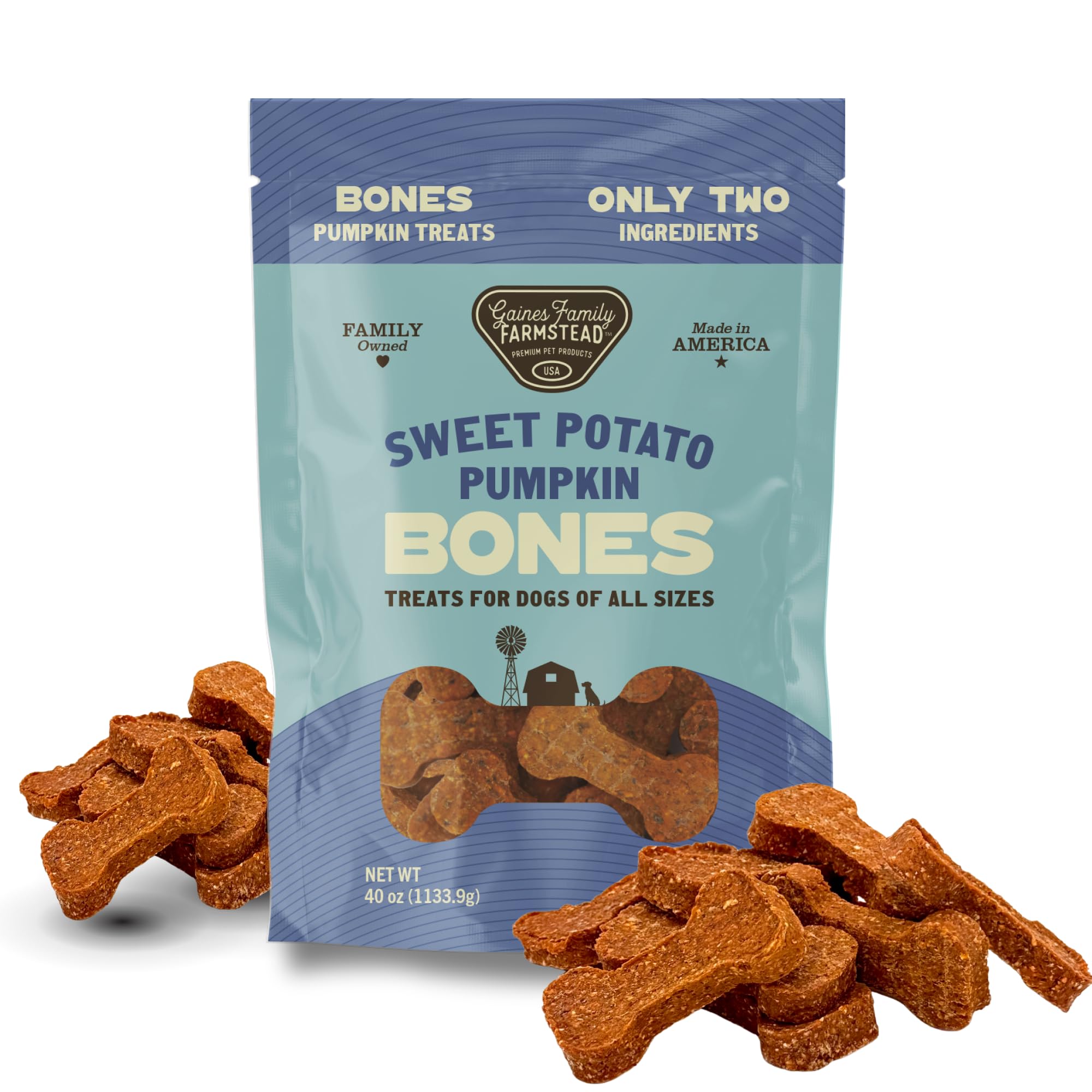 Gaines Family Farmstead pumpkin & sweet potato dog bones bag front supports digestive-friendly snacking.