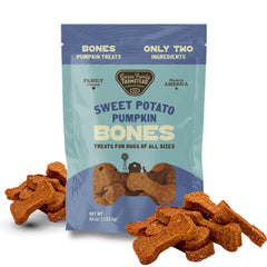 Gaines Family Farmstead pumpkin & sweet potato dog bones bag front supports digestive-friendly snacking.