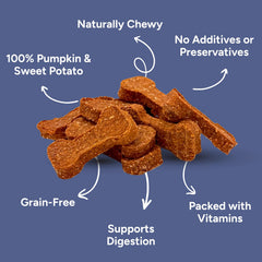 Gaines Family Farmstead texture close-up of chews emphasizes soft, grain-free, hypoallergenic treats.