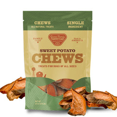 Gaines Family Farmstead sweet potato chews bag front shows USA-made single-ingredient treats
