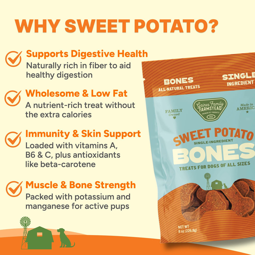 Gaines Family Farmstead Sweet Potato Dog Bones digestive health — supports fiber-rich digestion.