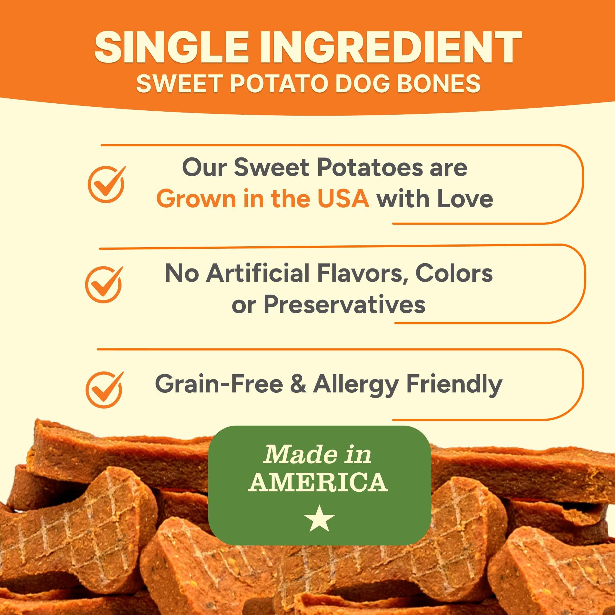 Gaines Family Farmstead Sweet Potato Dog Bones ingredients — single-ingredient wholesome snack.