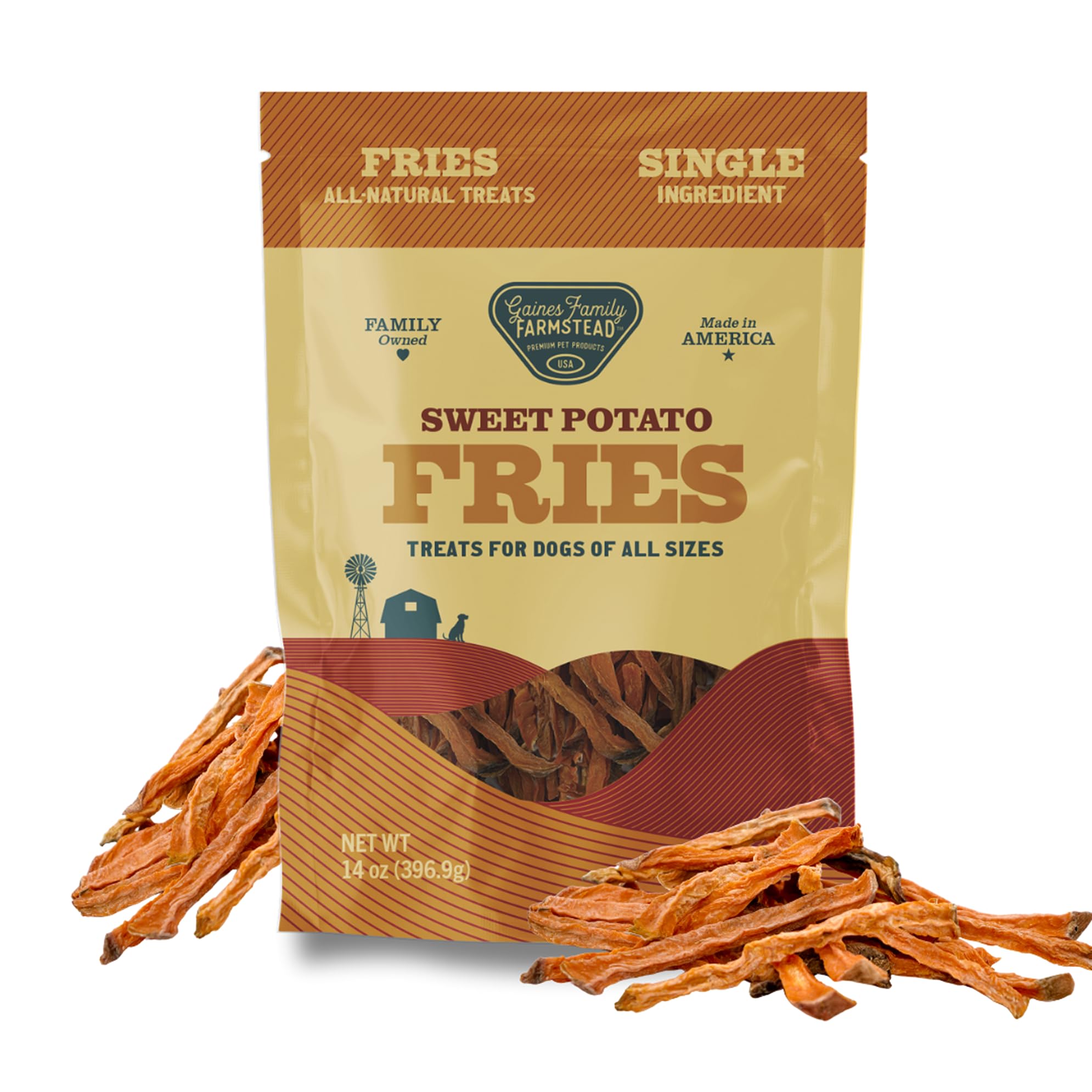 Gaines Family Farmstead Sweet Potato Fries packaging highlighting single-ingredient dog treats for training rewards