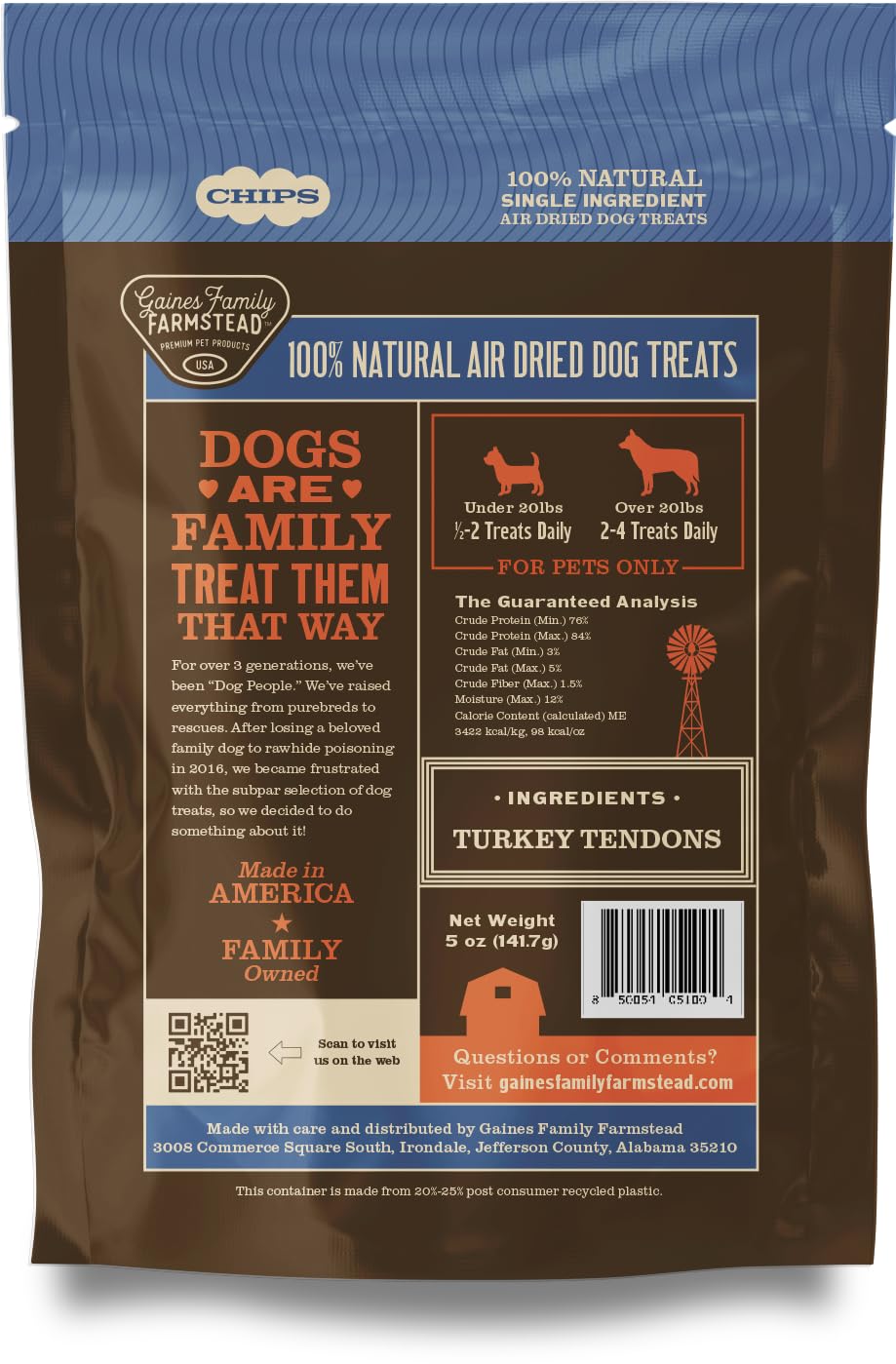 Gaines Family Farmstead turkey tendon chips nutrition-detail shows glucosamine-rich chew for joints