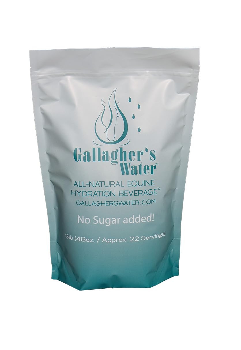 Gallagher's Water hydration powder bottle-pour demonstrates sugar-free hydration for horses.