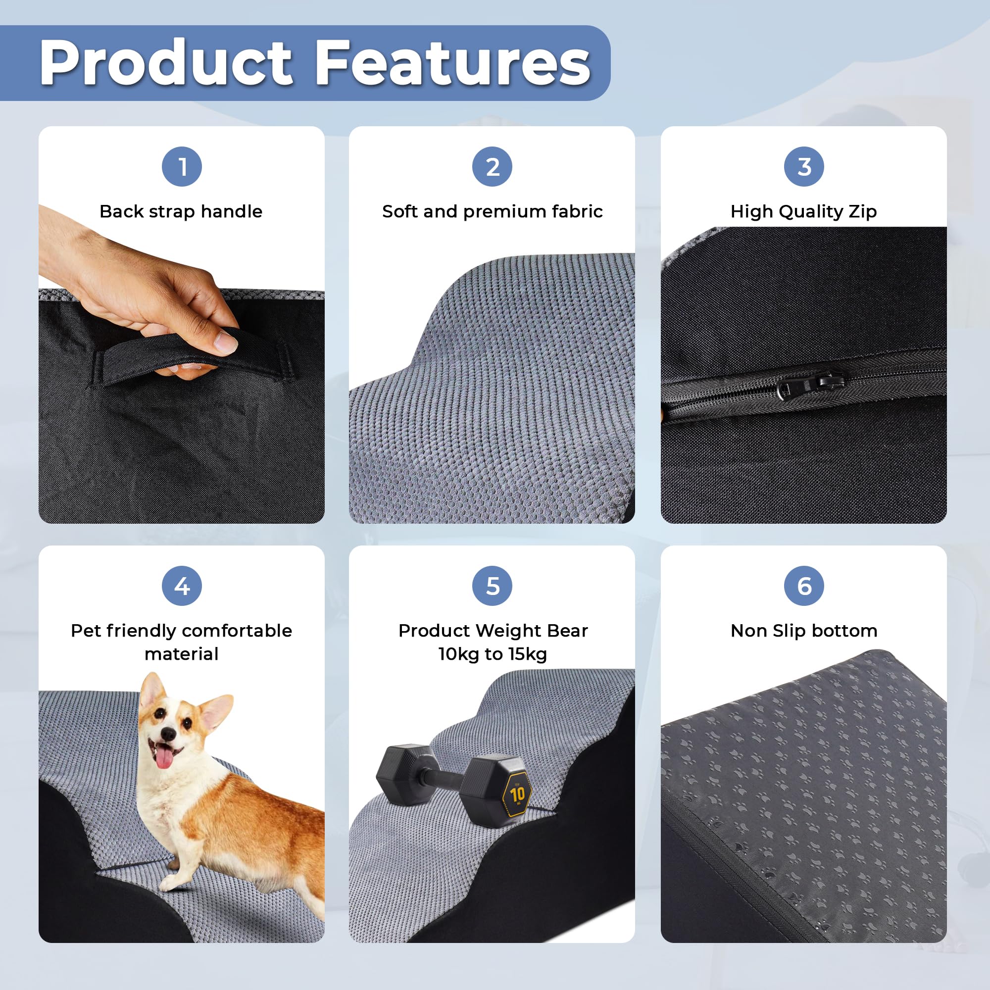 Galleyby 4 Steps Pet Stairs anti-slip fabric enhances safety during climbs.