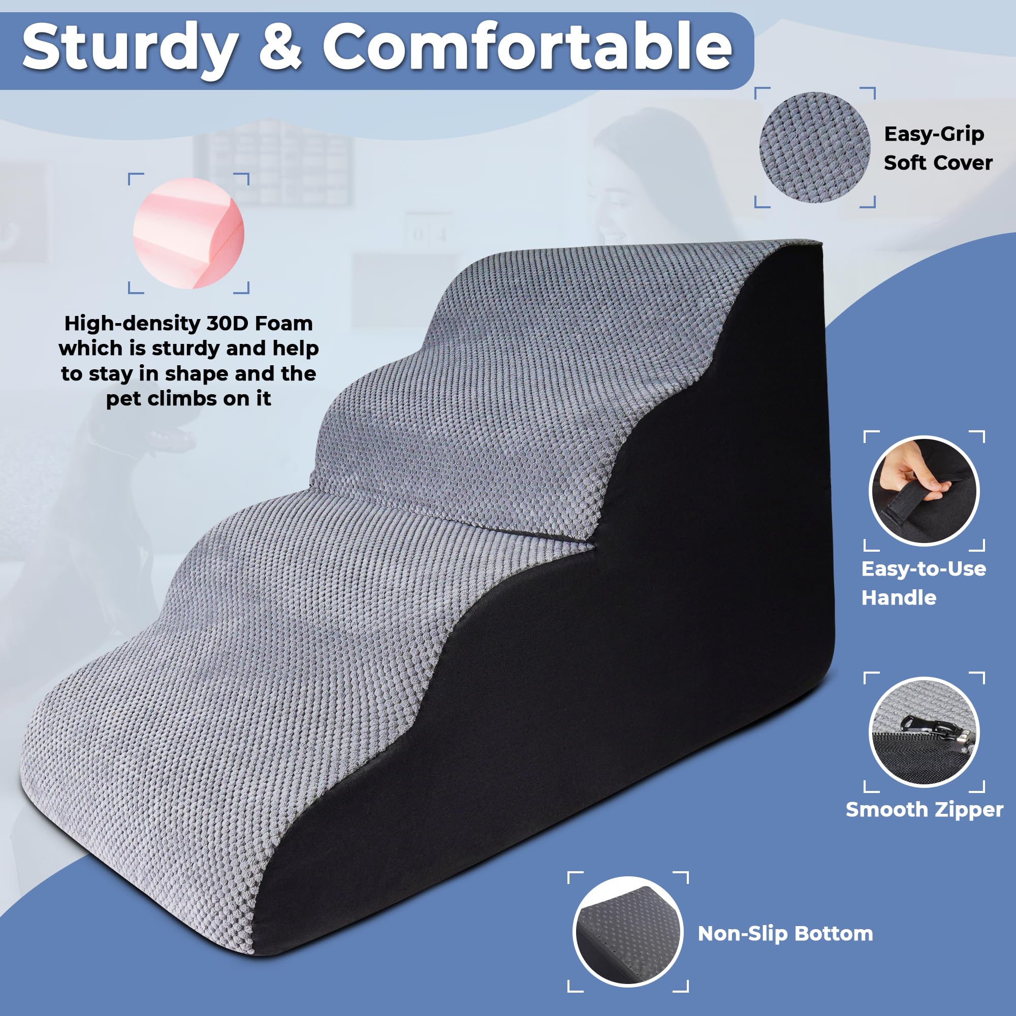 Galleyby 4 Steps Pet Stairs non-slip base keeps stairs steady on any floor.