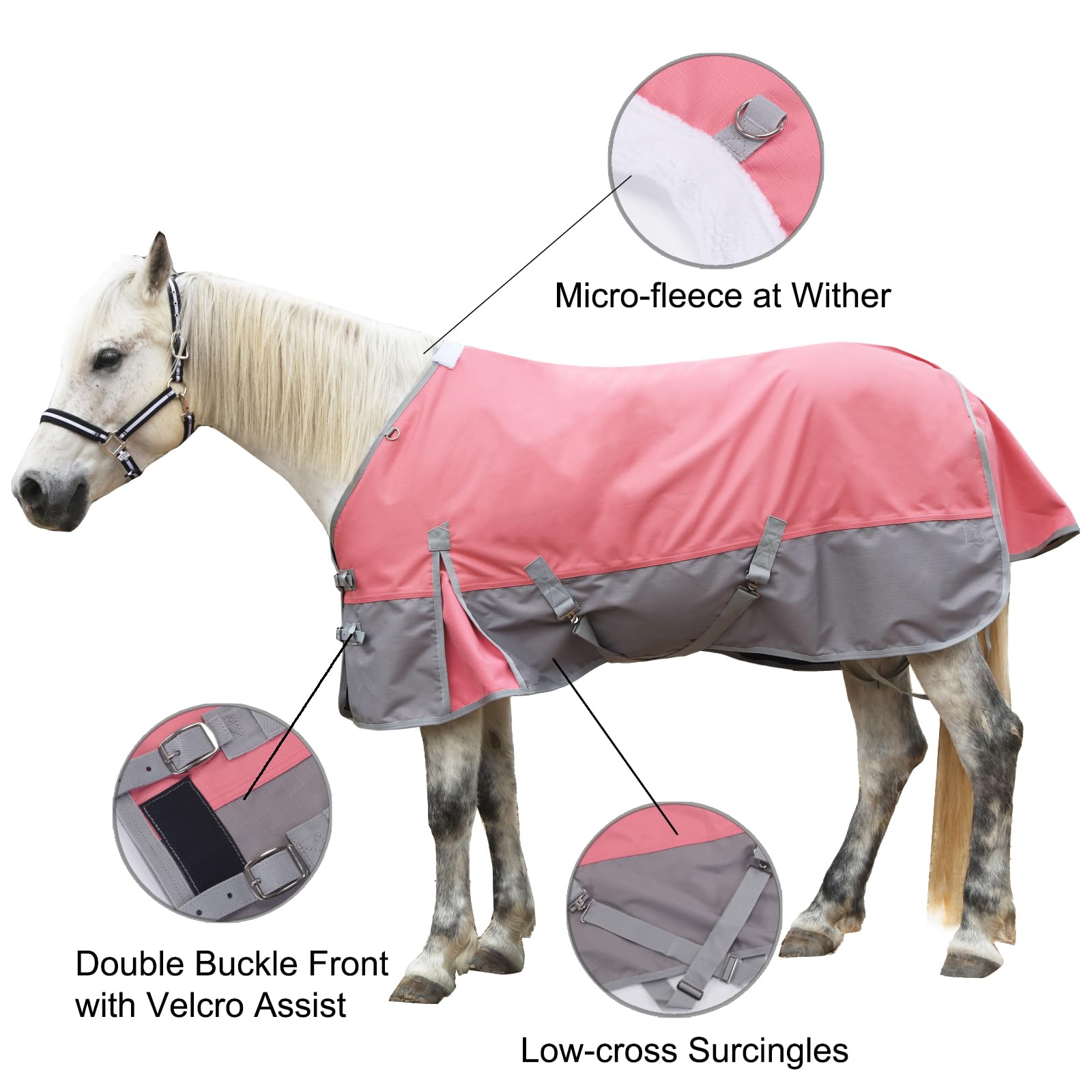 Gallopoff turnout sheet front buckles and straps provide secure closure for active turnout.