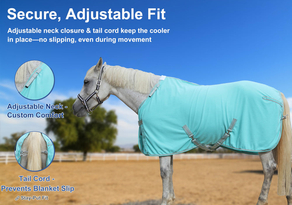 Gallopoff horse fleece cooler adjustable-neck buckle shows secure fit system in action