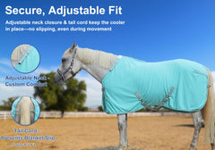 Gallopoff horse fleece cooler adjustable-neck buckle shows secure fit system in action