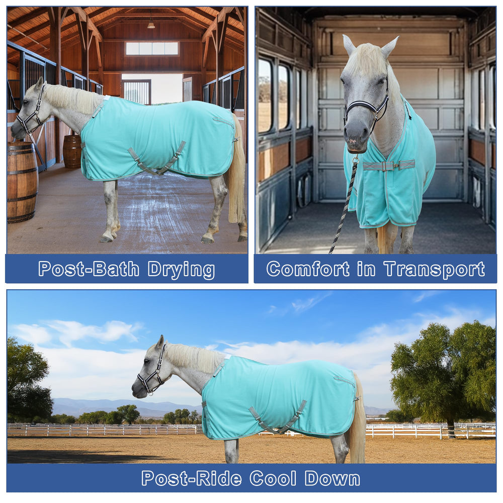 Gallopoff horse fleece cooler under blanket demonstrates travel layer versatility