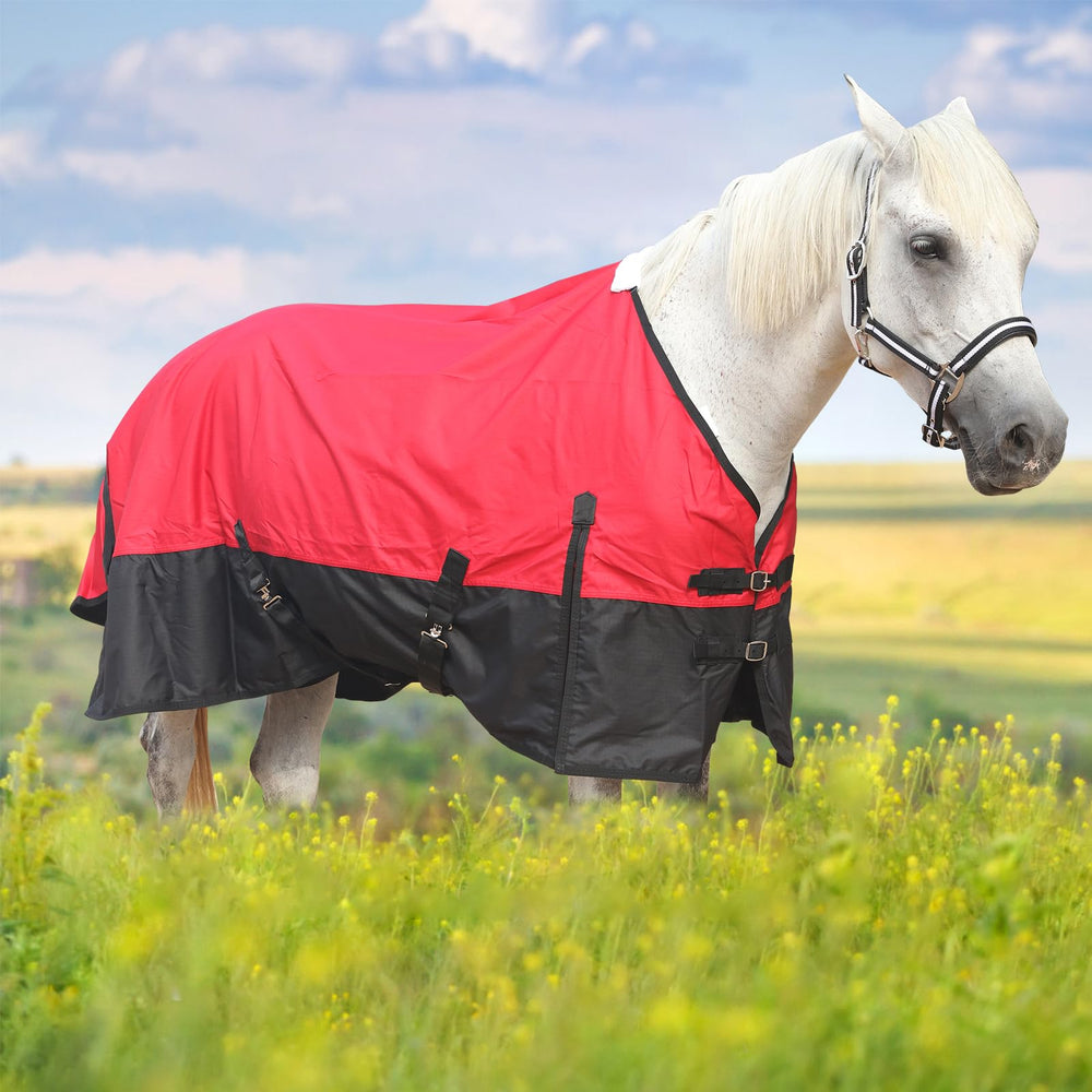 Gallopoff rain sheet elastic straps ensure secure fit during turnout and activity.
