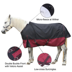 Gallopoff rip-stop turnout rain sheet side view highlighting breathable fabric for outdoor turnout.