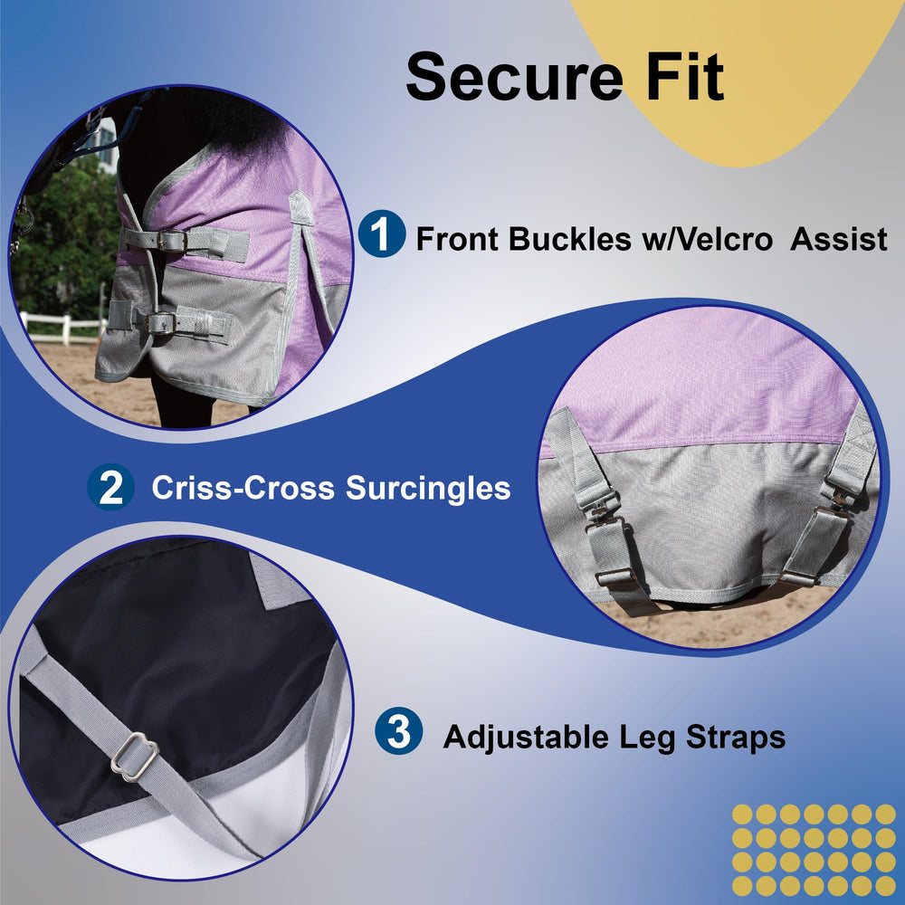Gallopoff secure-adjustable-fit with cross-surcings prevents blanket shifting in paddock.
