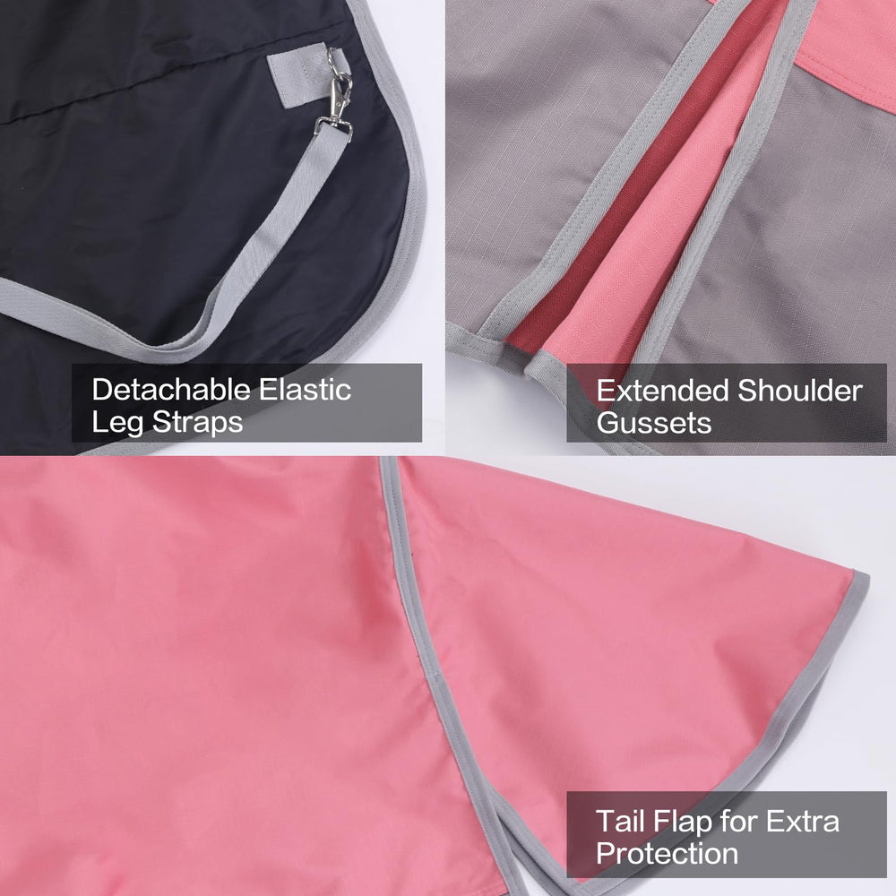 Gallopoff turnout rain sheet leg straps prevent shifting during active grazing and turnout.