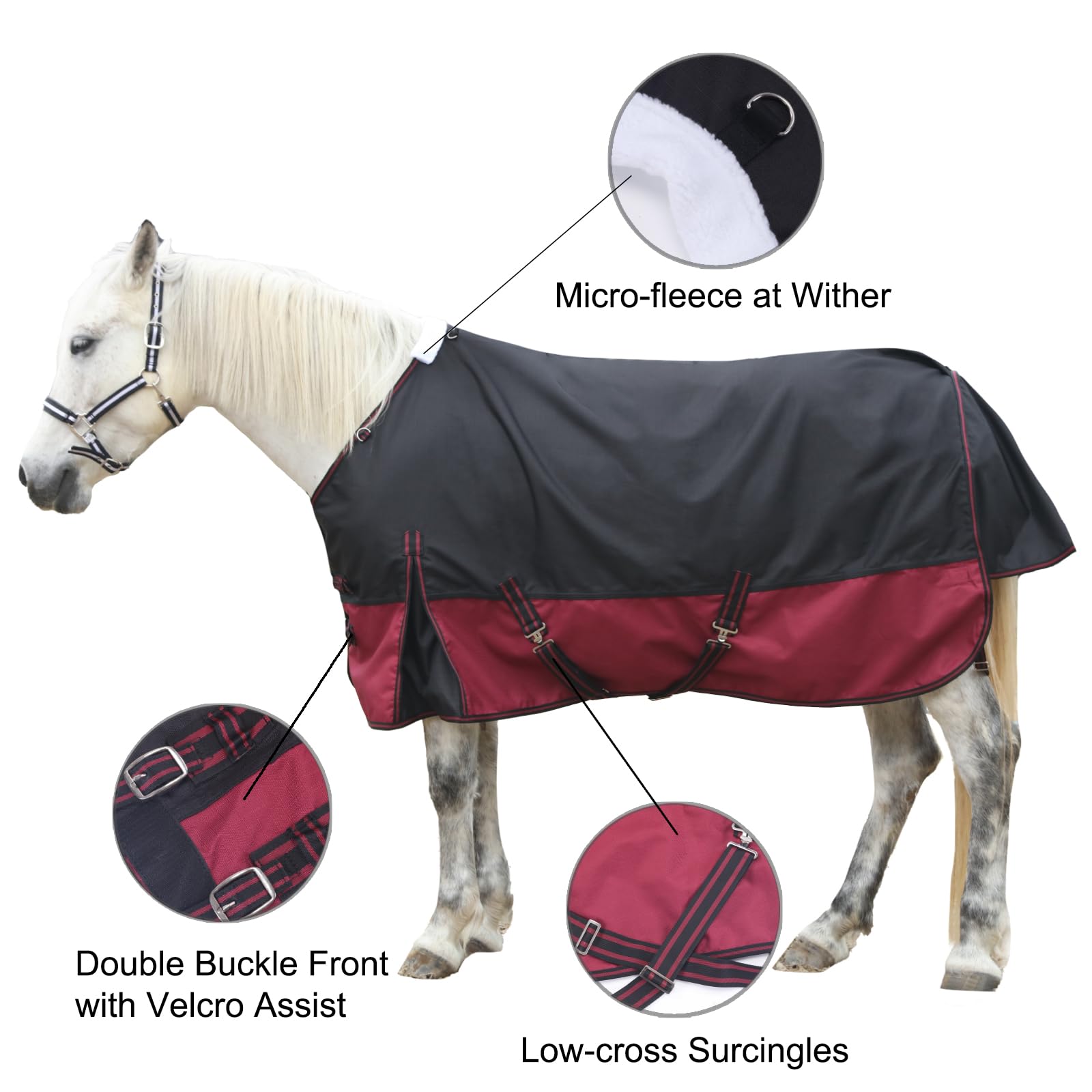Gallopoff waterproof breathable outer shell side view helps keep horses dry.