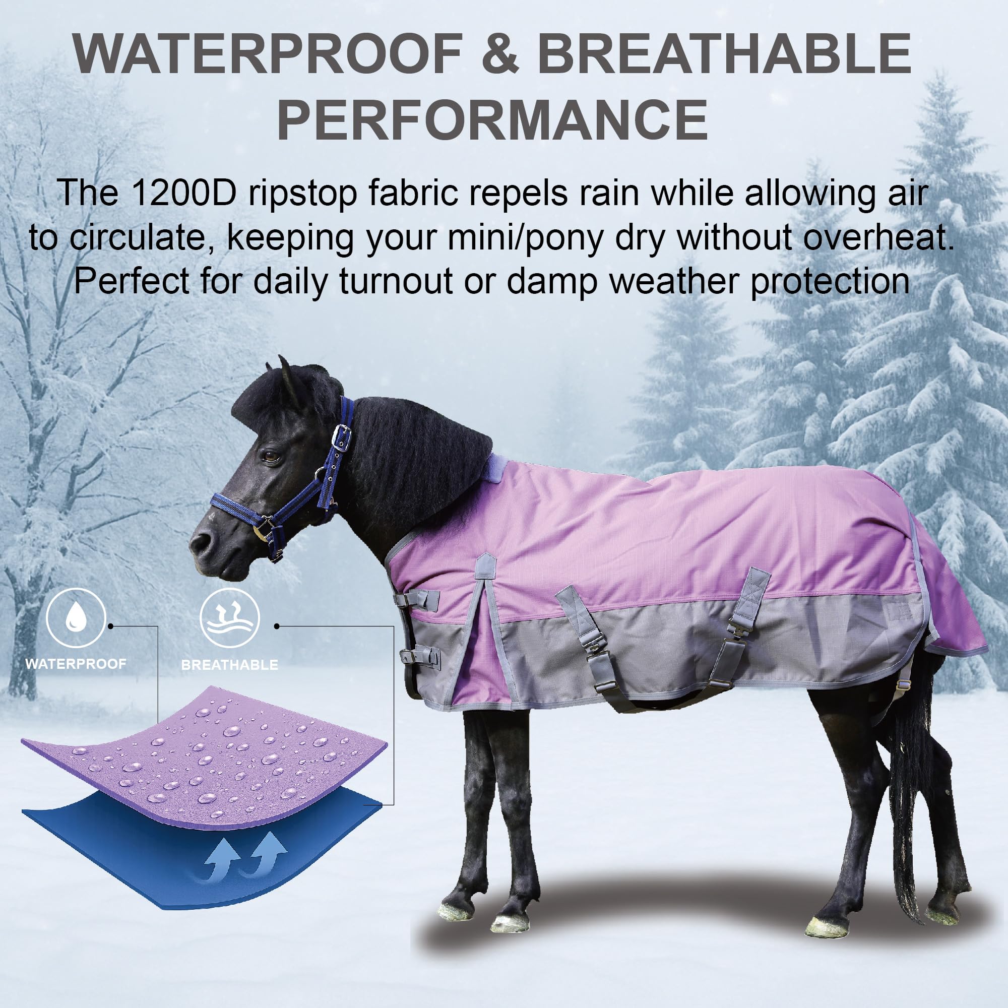 Gallopoff waterproof-breathable outer-shell shields ponies from rain and wind during turnout.