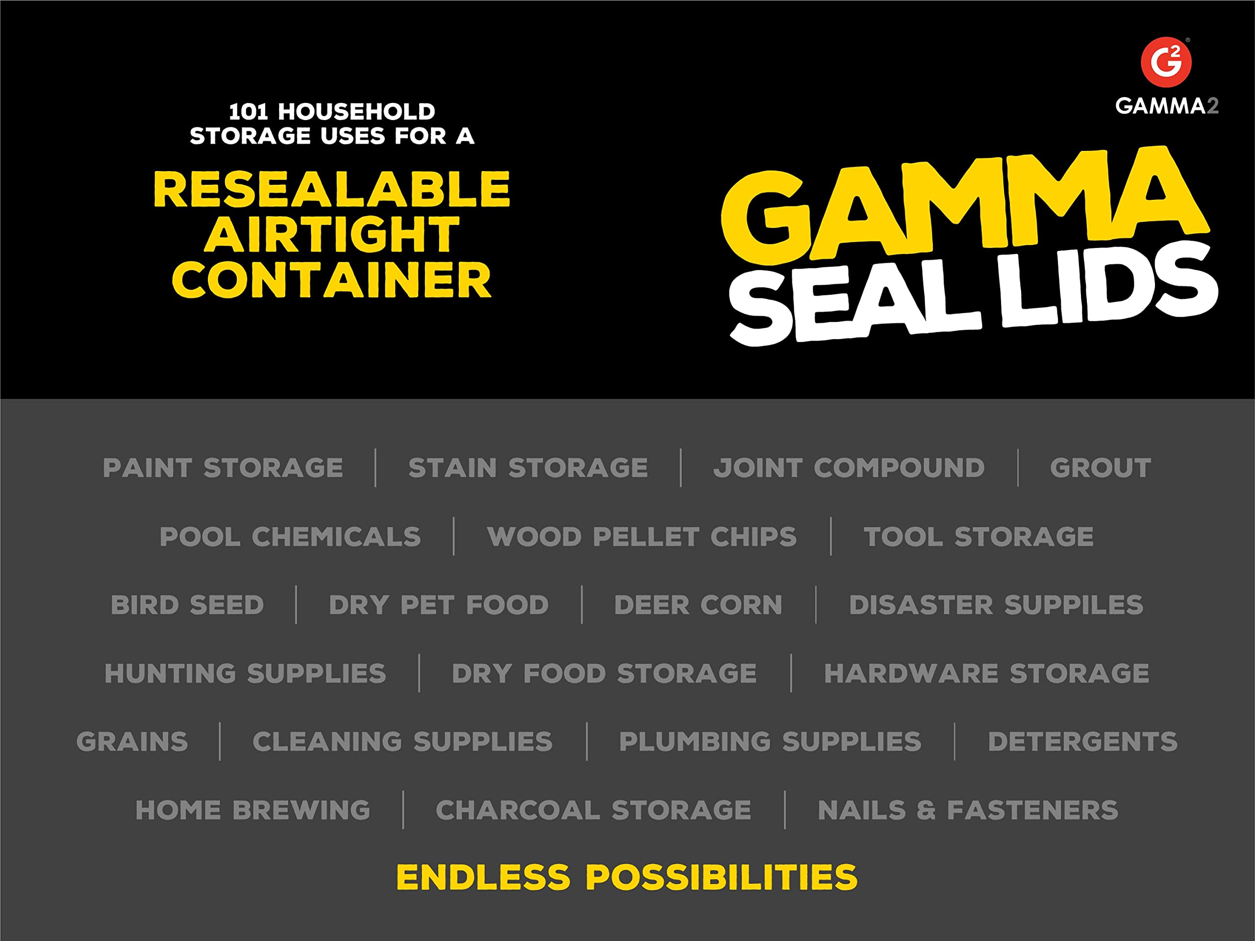 Gamma Seal Lid stacked on buckets demonstrates space-saving organization.