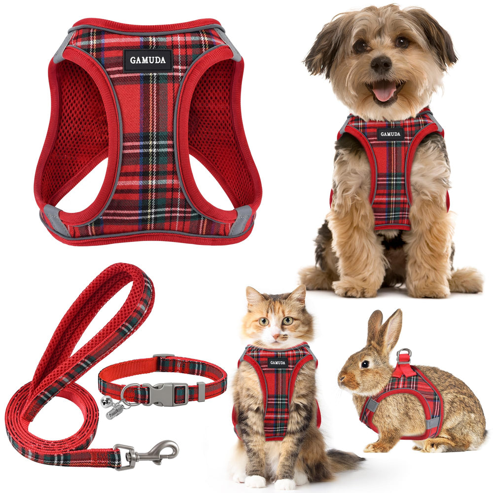 GAMUDA small dog harness plaid red for comfortable daily walks.