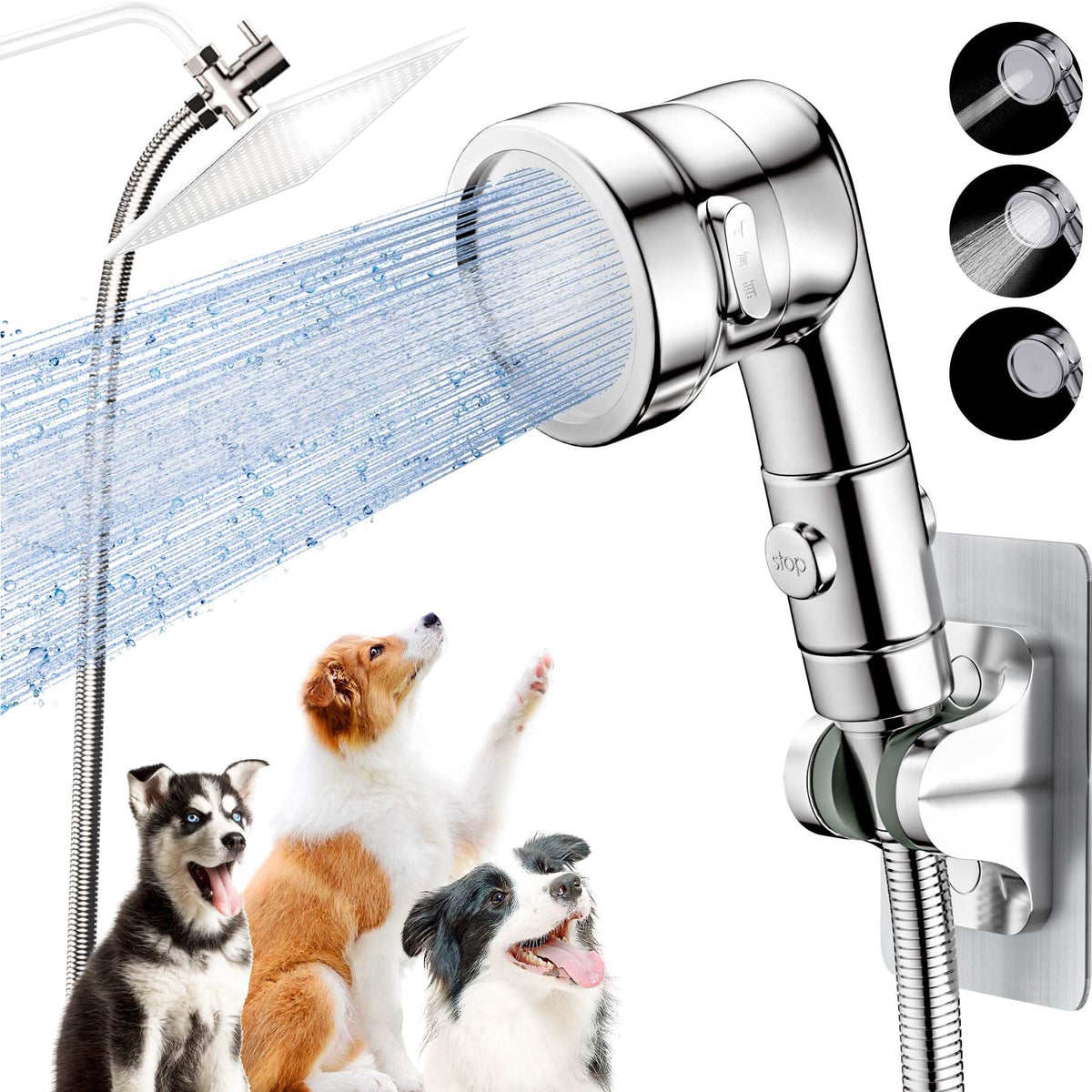 Ganciu dog shower attachment chrome head enables easy pet baths and thorough rinsing.