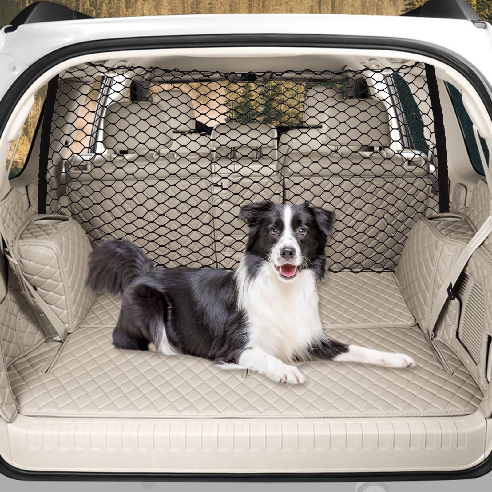 GAOSPD dog car net barrier back seat setup demonstrates secure rear confinement.
