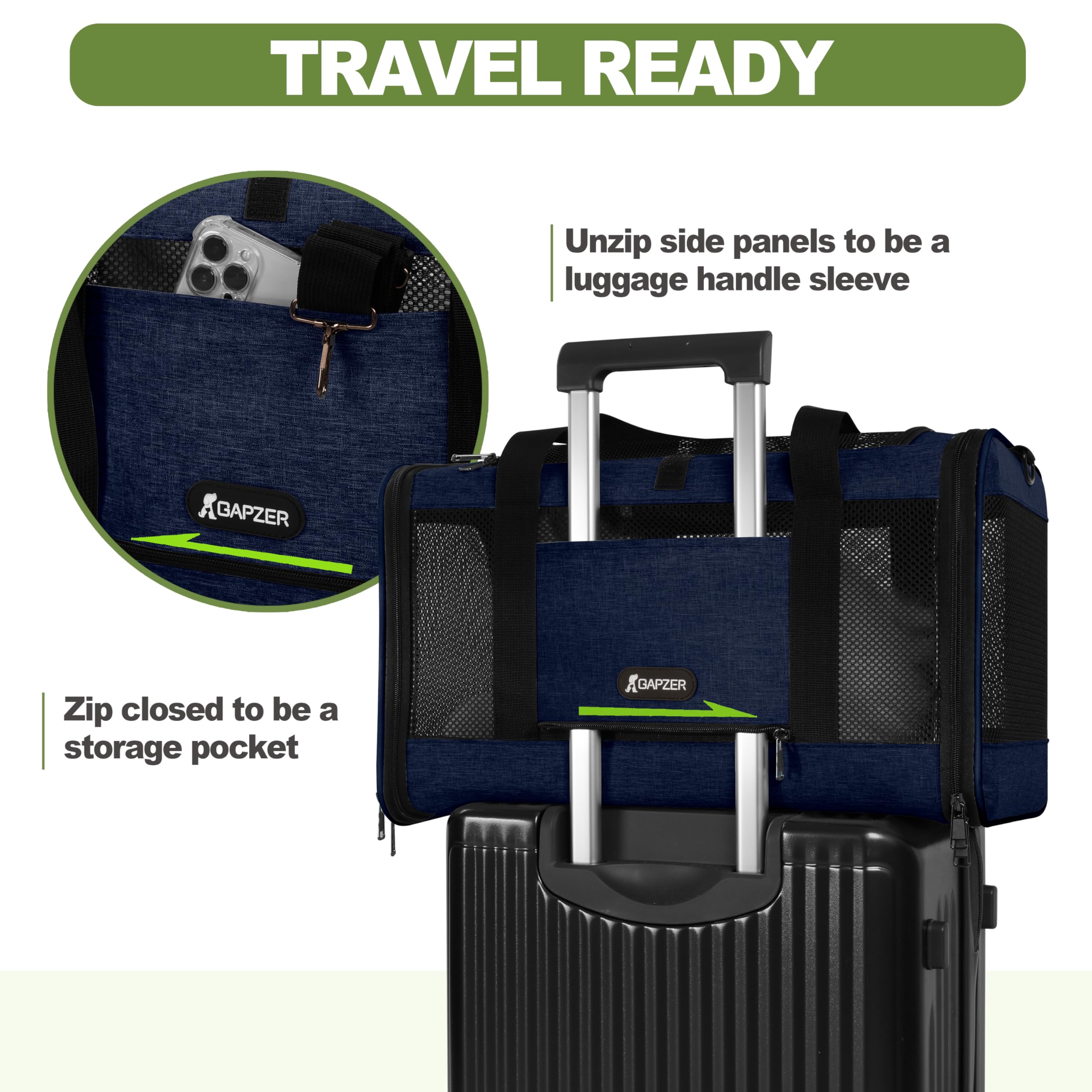 GAPZER Adjustable detachable shoulder strap for hands-free travel.