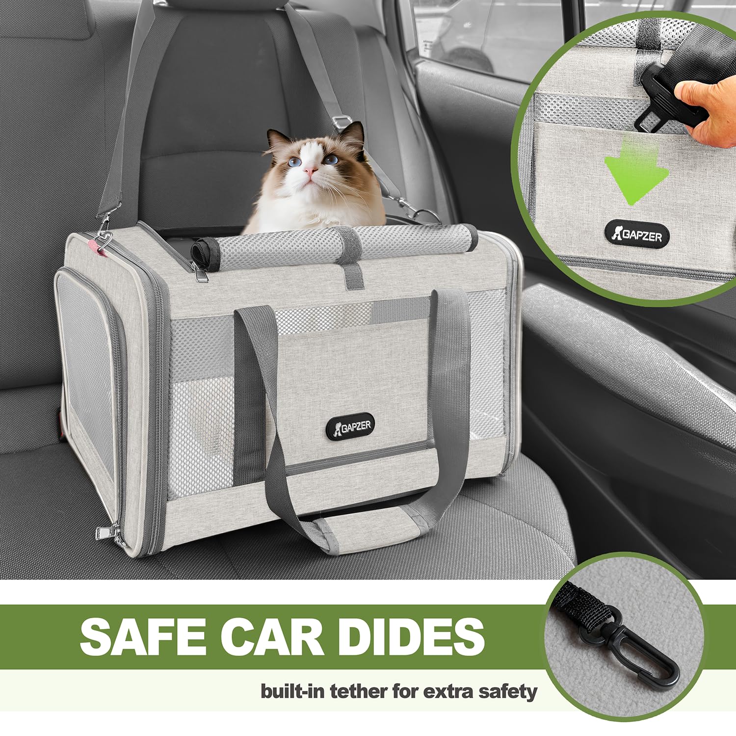 GAPZER cat carrier side-door supports quick checks during car rides.