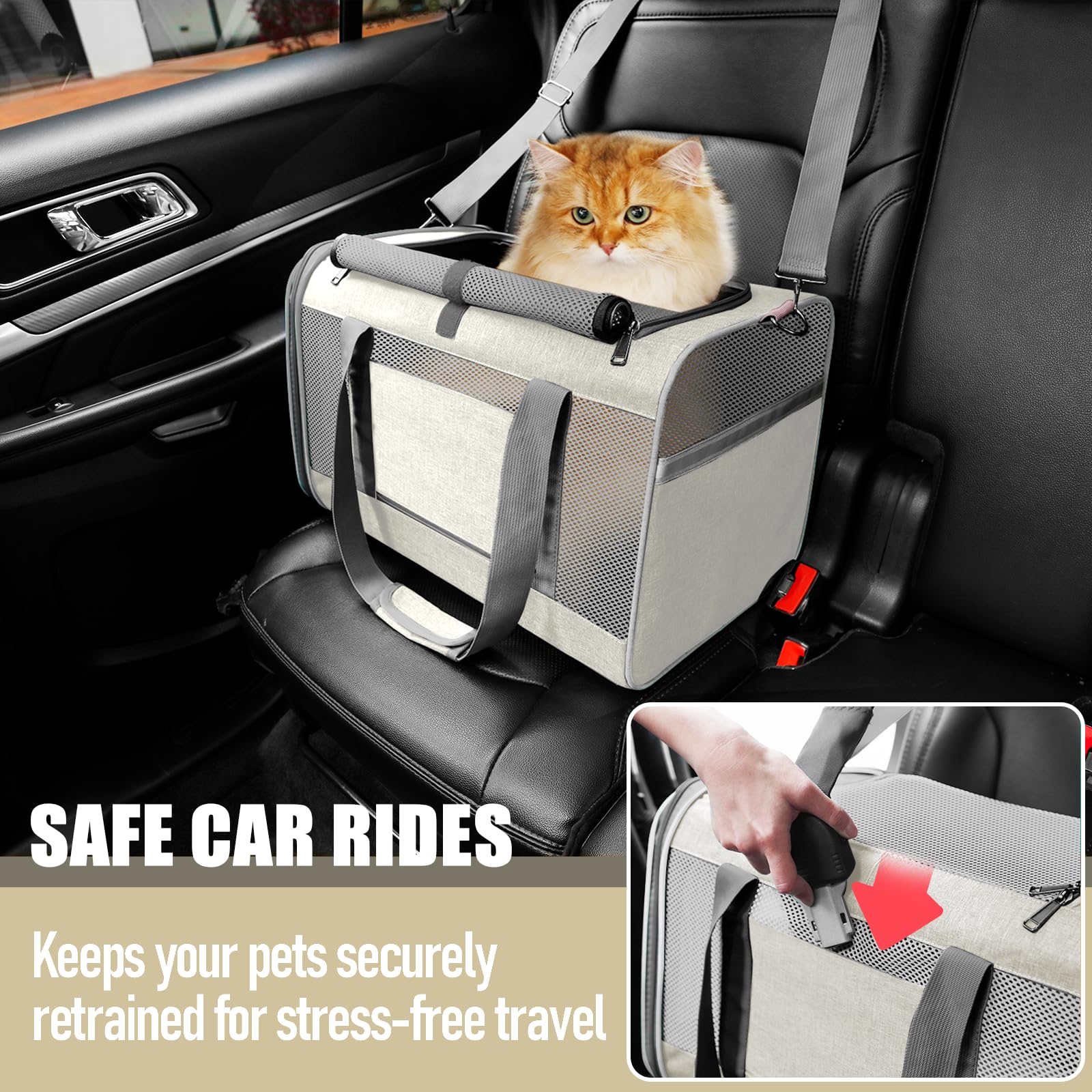 GAPZER pet carrier inner tether and auto-lock zippers enhance pet safety.