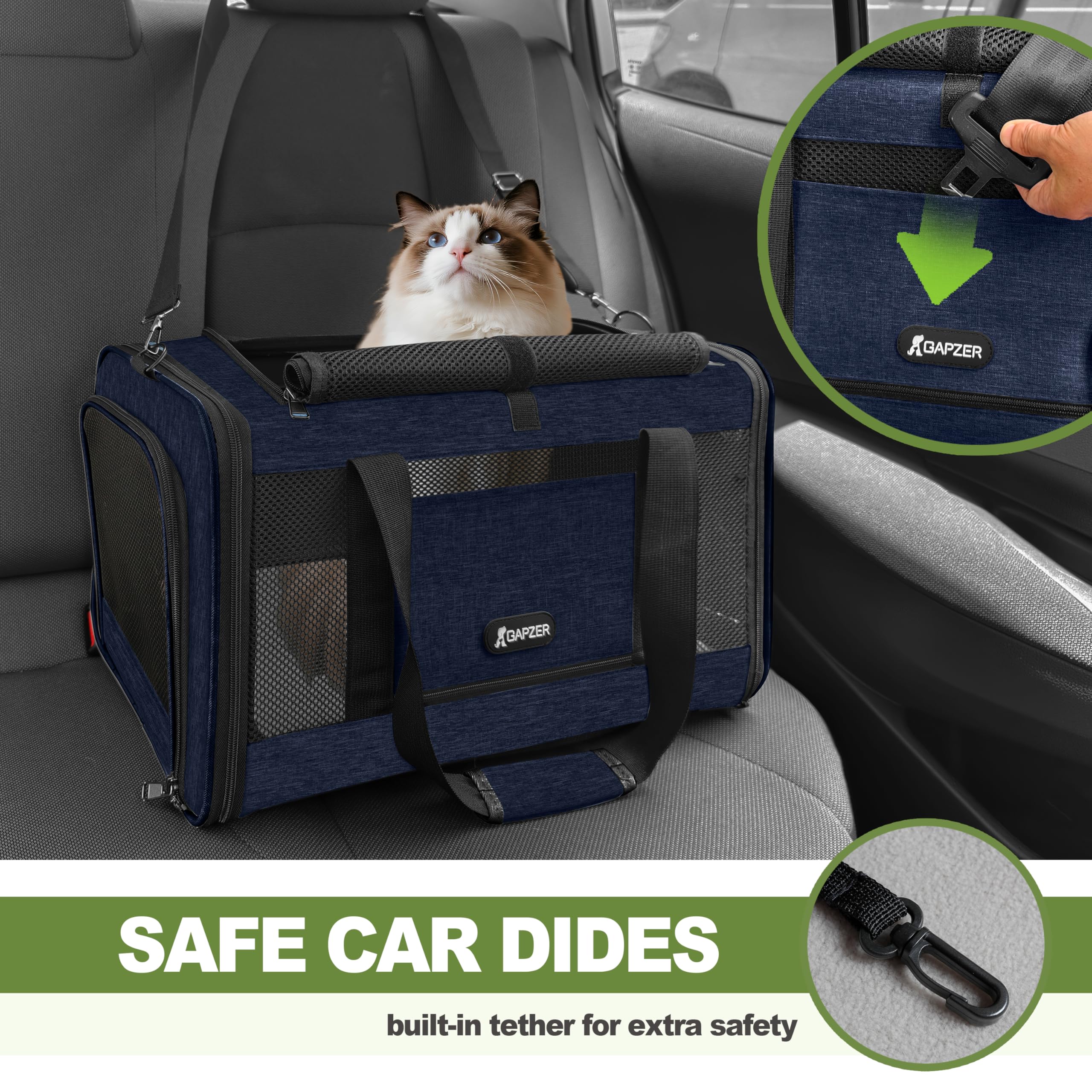 GAPZER Seatbelt-compatible side panels keep pets secure in cars.