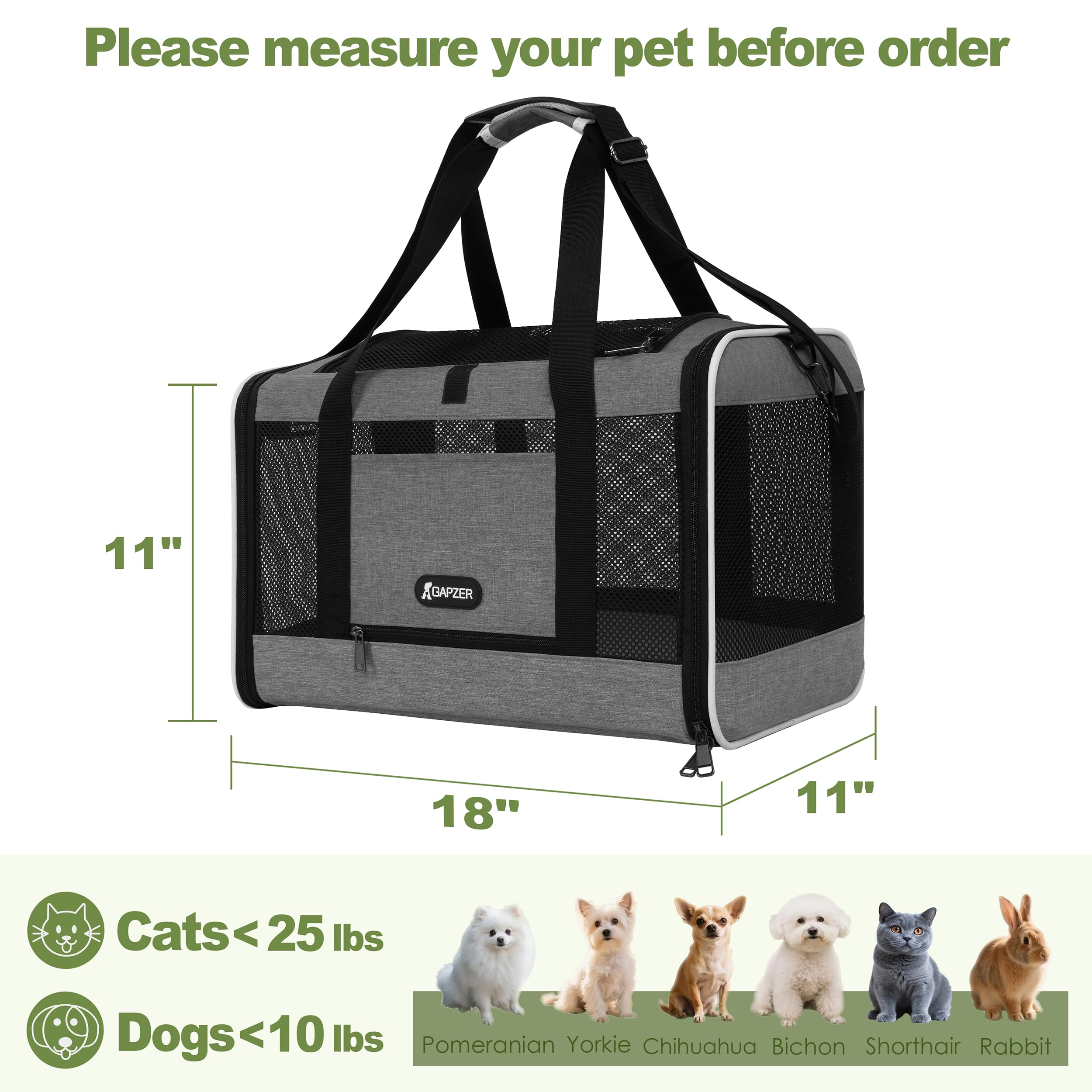 Gapzer soft-sided pet crate with roomy interior for stretching.
