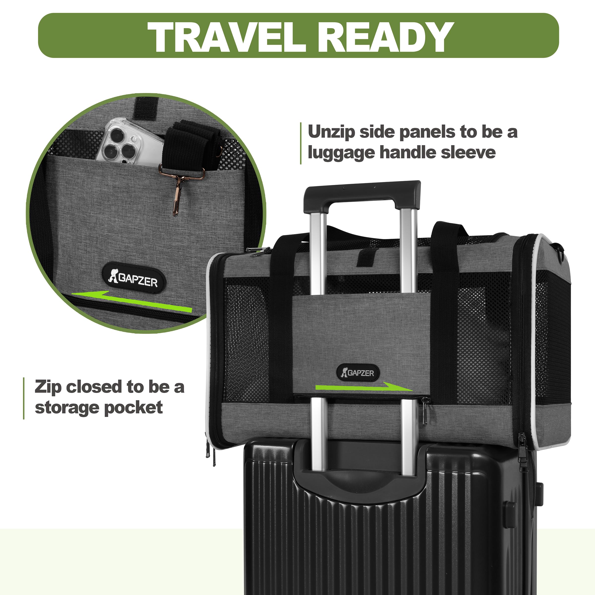 Gapzer top opening and side door for stress-free transfers.