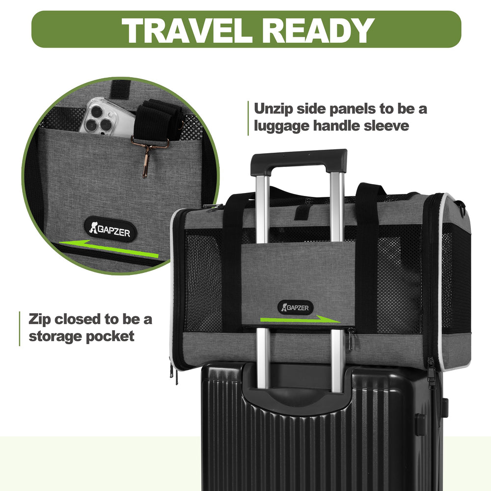 Gapzer top opening and side door for stress-free transfers.
