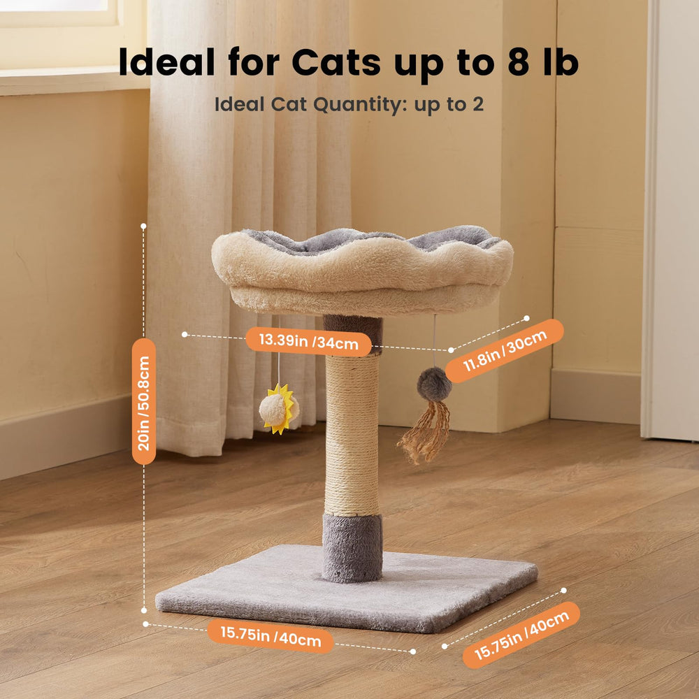 Gardner Pet cat tree includes two hanging toys to spark play.