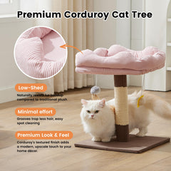 Gardner Pet corduroy cat tree includes a natural sisal post to support healthy scratching.