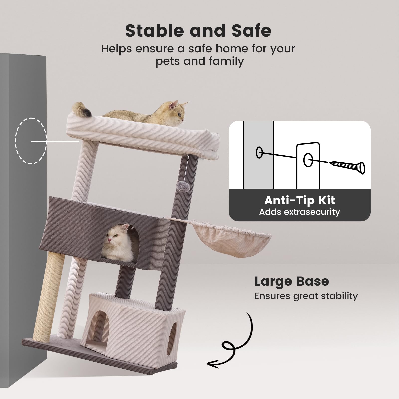 Gardner Pet 41-inch cat tree near sofa shows comfortable lounging spots